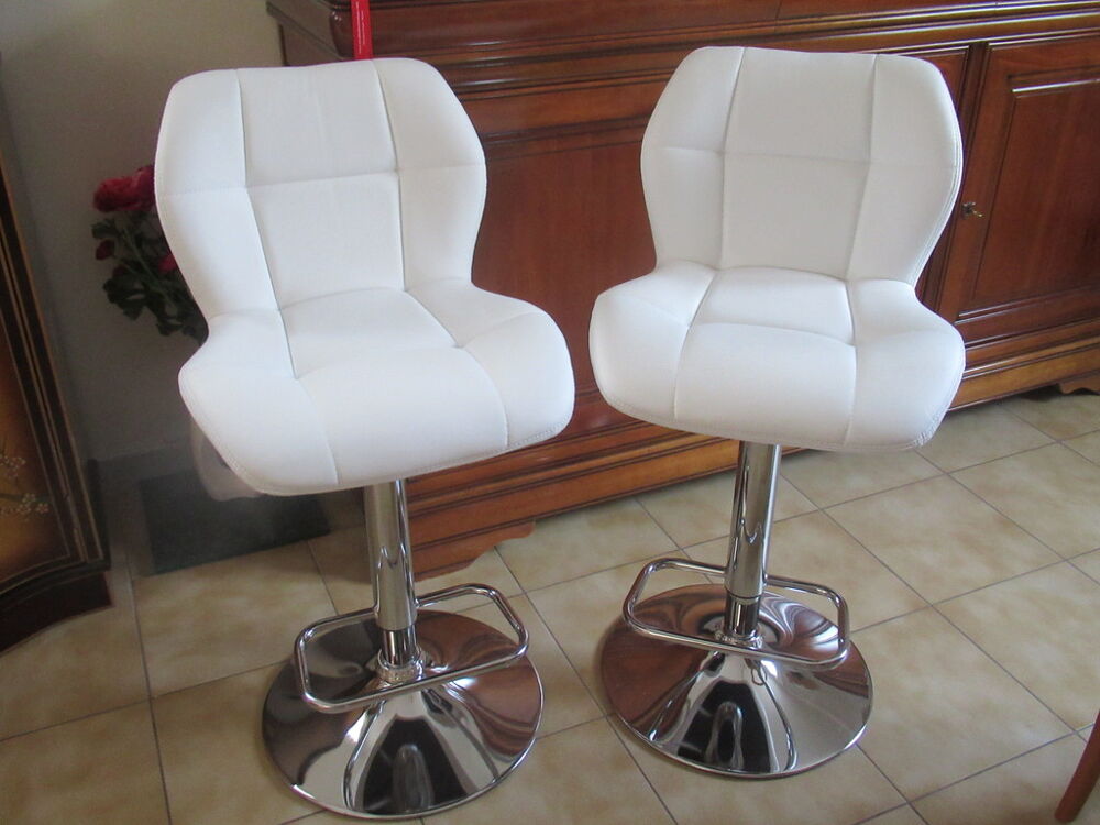 Paire de Tabourets de Bar Simili Cuir Blanc et Chrome Meubles