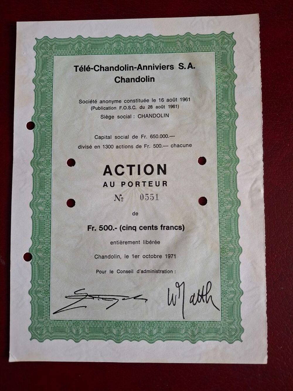 Tr&egrave;s rare action 500 francs suisses T&eacute;l&eacute; - Chandolin - Anniv 