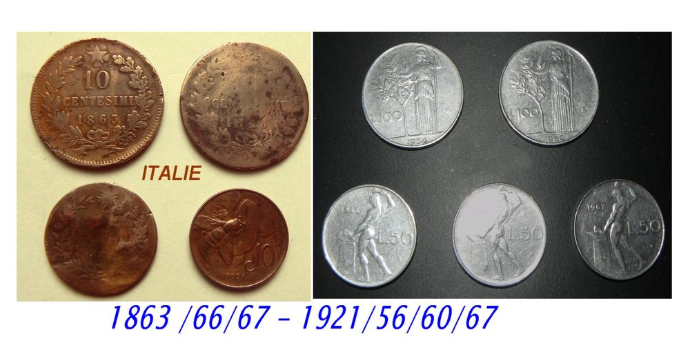 Monnaie d'ITALIE - lot de 9 pi&egrave;ces de 1863 &agrave; 1967 