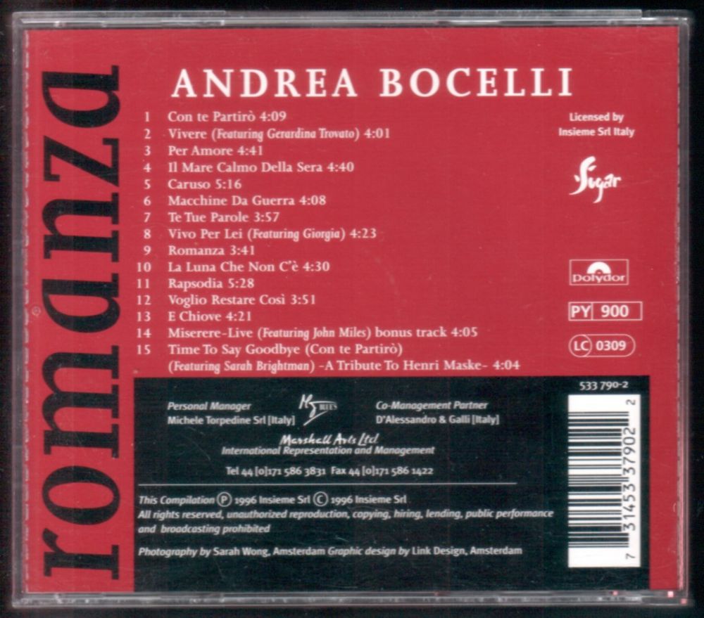 Album CD : Andrea Bocelli - Romanza. CD et vinyles