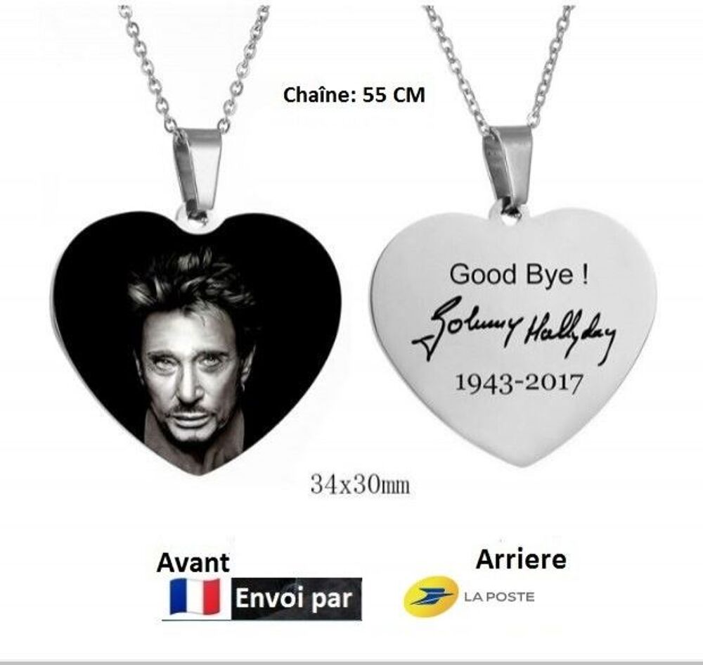 Collier Hommage pendentif Johnny Hallyday en forme de coeur Bijoux et montres