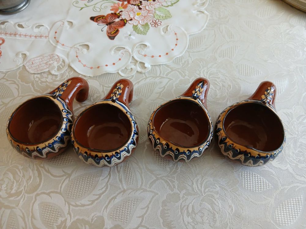 Quatre caquelons anciens gr&egrave;s fa&iuml;enc&eacute; marron fonc&eacute; N&deg;1458 Cuisine