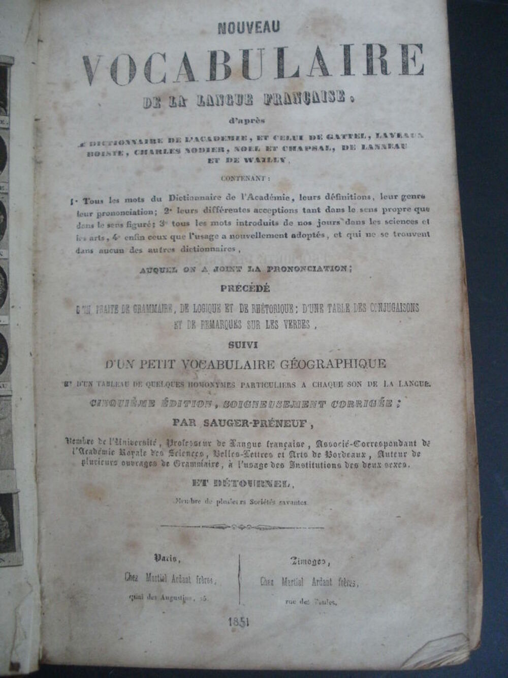 NOUVEAU VOCABULAIRE DE LA LANGUE FRAN&ccedil;AISE 1851 Livres et BD