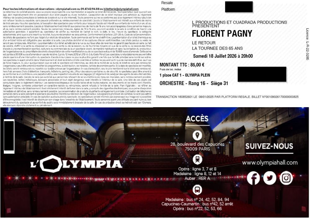 Billets concert Florent PAGNY &agrave; l'Olympia Billetterie
