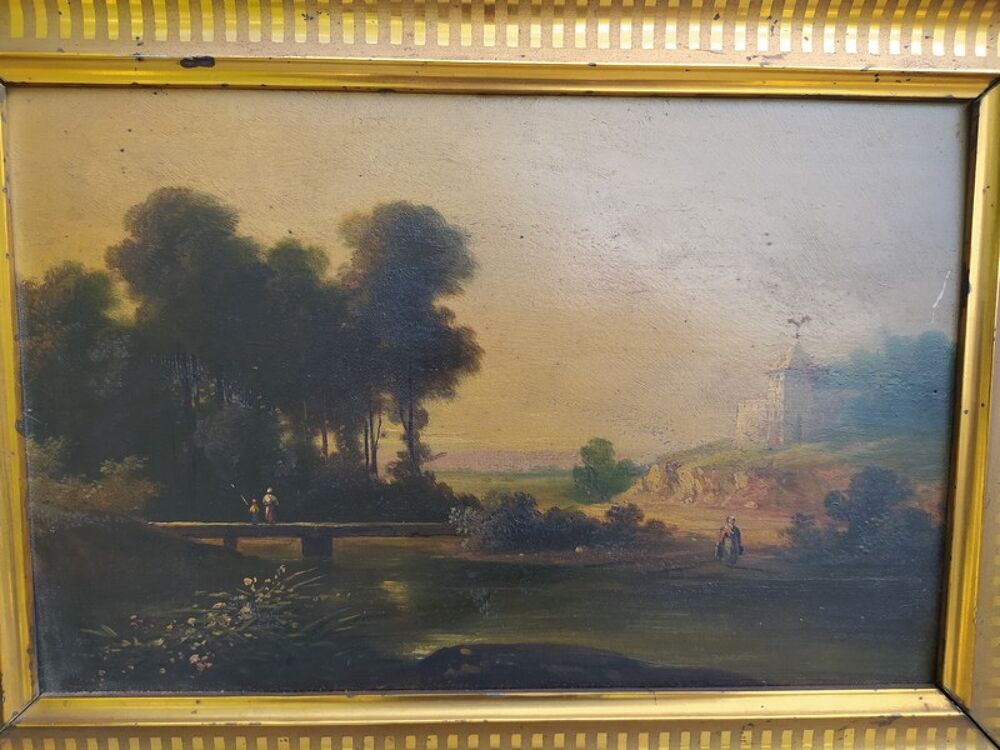 Tableau &Eacute;cole de Barbizon XIX&egrave;me Anim&eacute;e Ch&acirc;teau et Pont 
