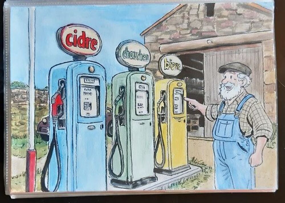la station service - peinture sur papier aquarelle format A4 Décoration