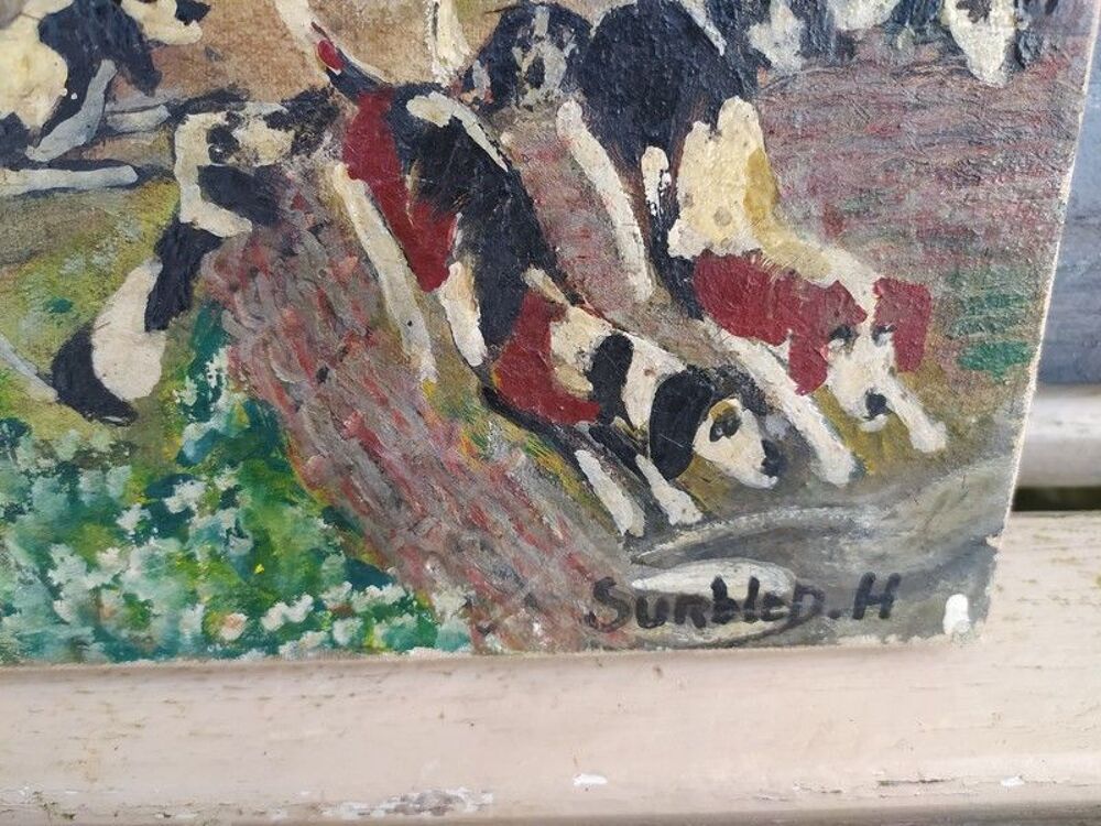 Tableau Peinture Na&iuml;ve Anglaise Sc&egrave;ne de Chasse &agrave; Courre 