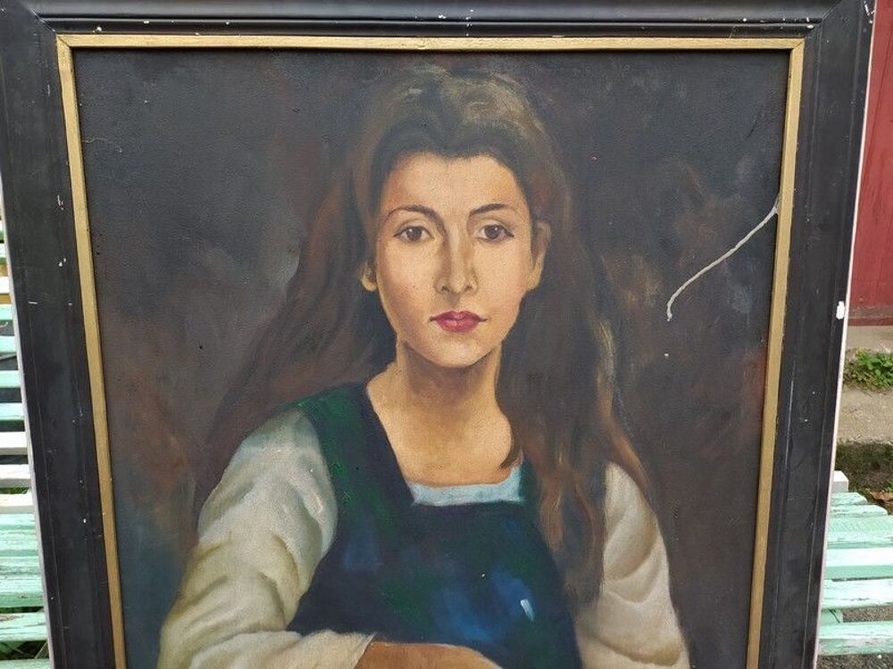 Ancien Tableau Portrait F&eacute;minin Sign&eacute; Décoration