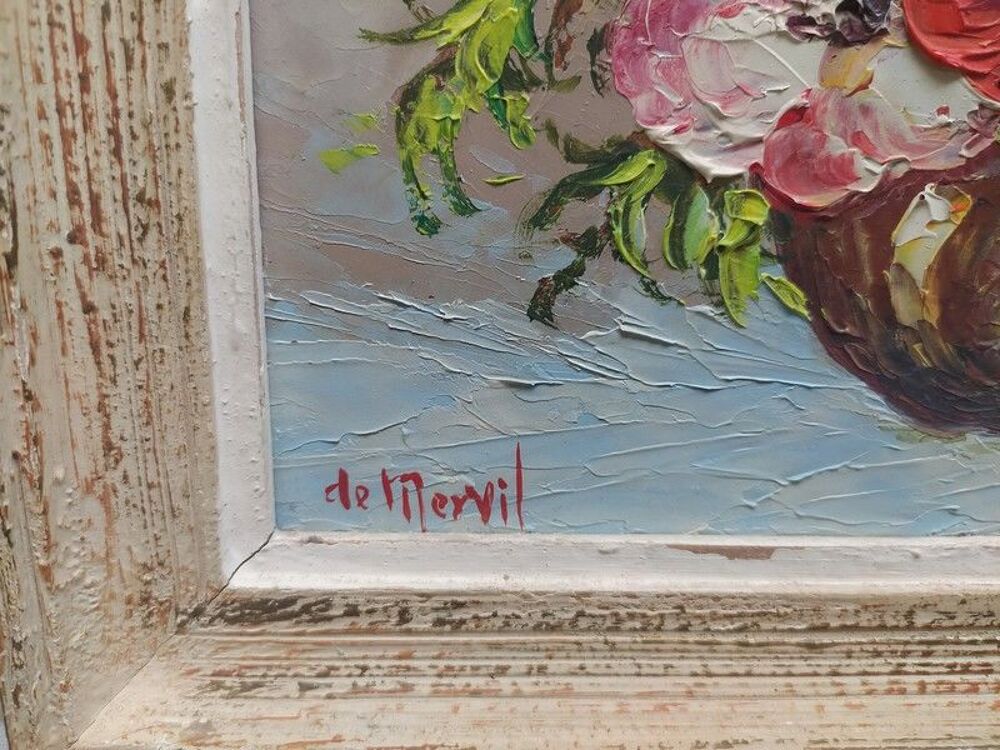Tableau Nature Morte Fleurs An&eacute;mones Sign&eacute; De Mervil 
Décoration
