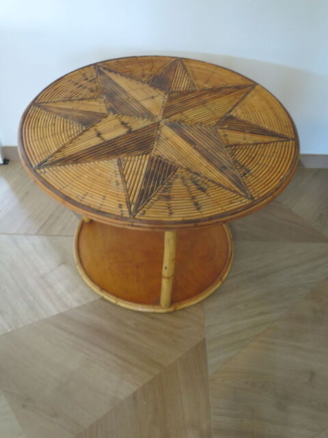 Vintage - jolie table basse ronde - bambou rotin et bois  85 Fondettes (37)