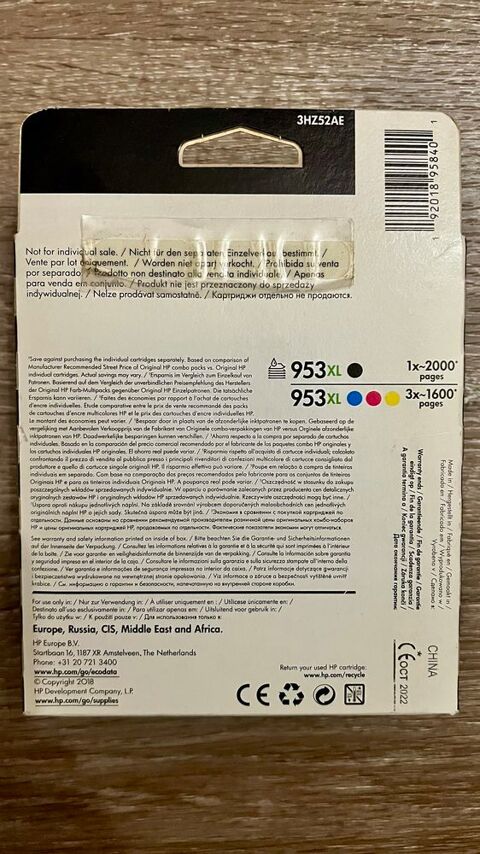 Pack 4 cartouches encre HP 953XL -OfficeJet Pro - NB+CL-NEUF Vincennes (94)
