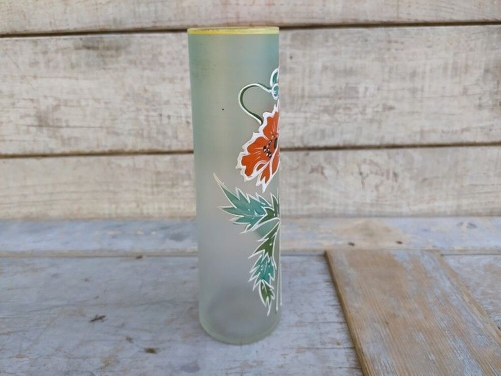 Ancien Vase Verre &Eacute;maill&eacute; D&eacute;cor Fleurs Pavot Style Legras Décoration