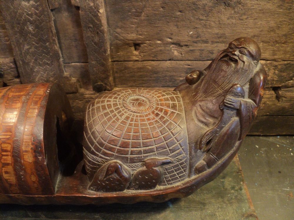 Bambou Sculpt&eacute; Chine P&ecirc;cheur Jonque Antique Chinese 