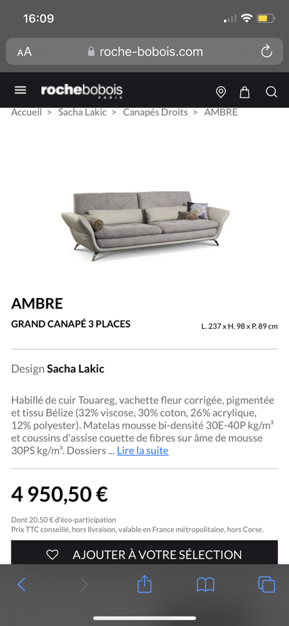 Roche bobois canap&eacute; 3 places - Ambre Meubles