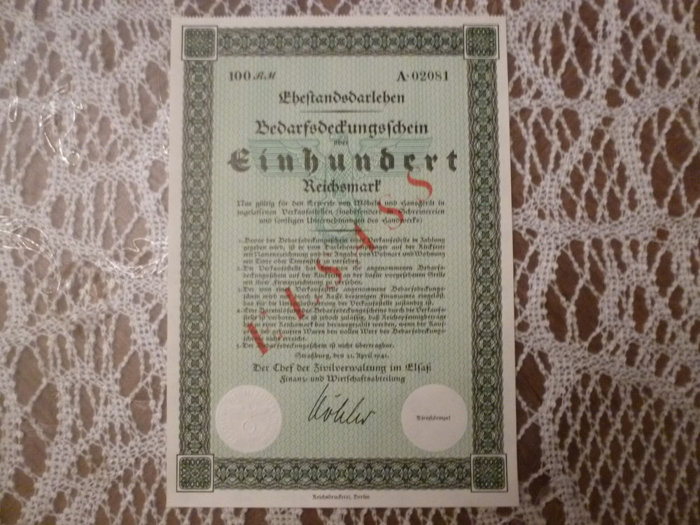 PRET MARIAGE DE 100 R.M. GUERRE 39/45 A STRASBOURG . 
