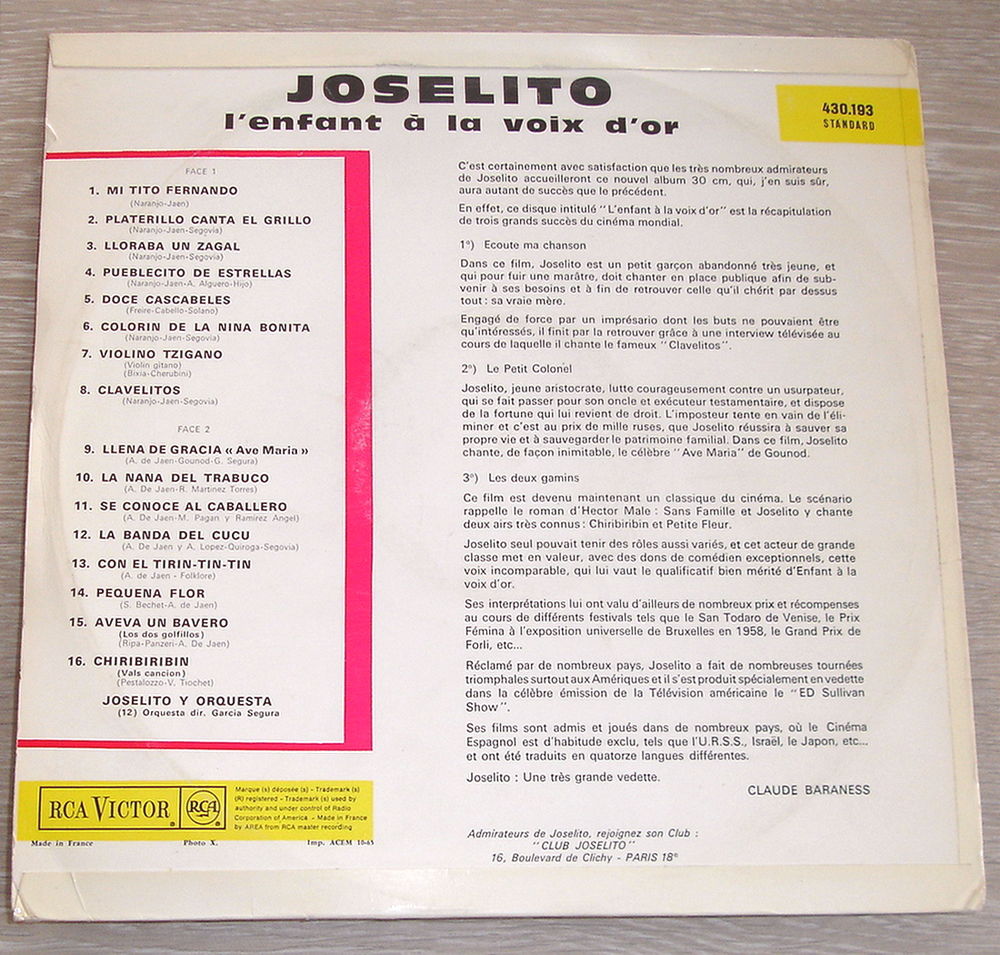 JOSELITO-33t-L'ENFANT A LA VOIX D'OR-CHIRIBIRIBIN- BIEM 1965 CD et vinyles