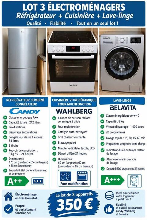 lots électroménager frigo/Congel Candy + Cuisinière Vitrocéramique + lave Linge Bellavita A+++ 8kg 1400Tr Différé 24h 350 Saint-Avertin (37)