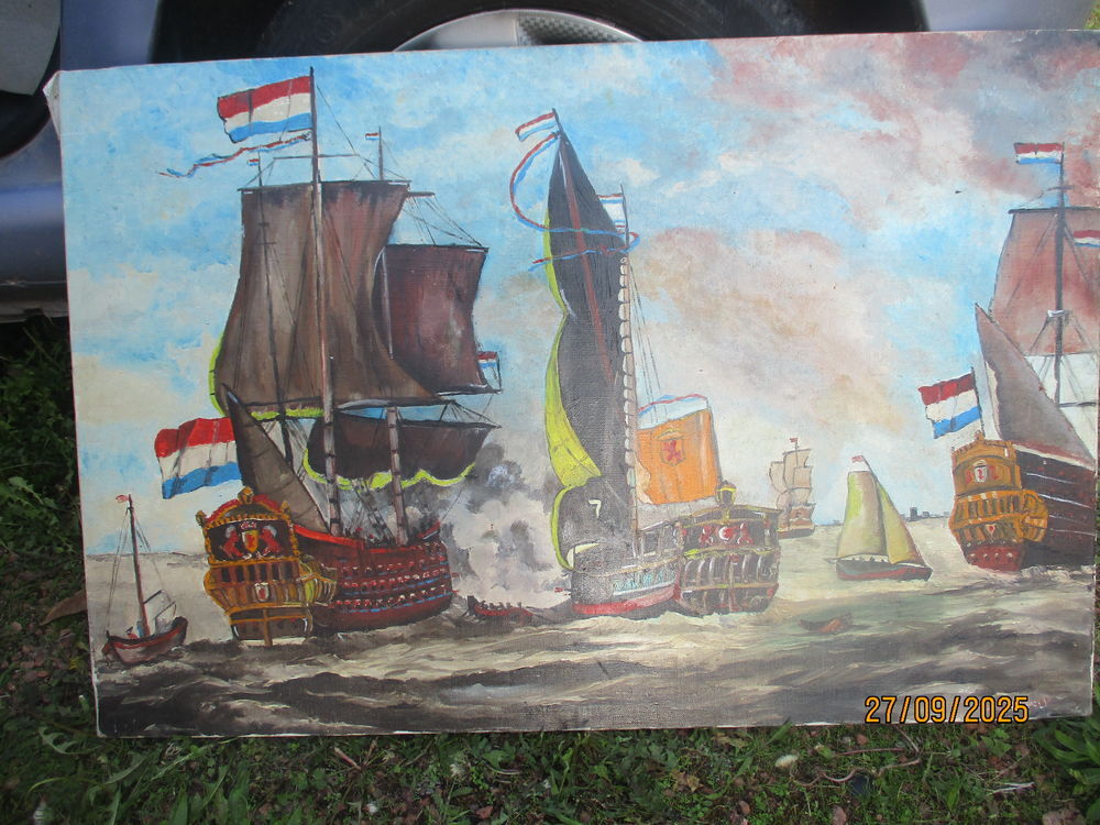 GRAND TABLEAU ANCIEN MARINE HUILE SUR TOILE Décoration