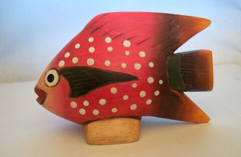 Sculpture poisson bois peint statuette rose collection 15 Thizy (69)