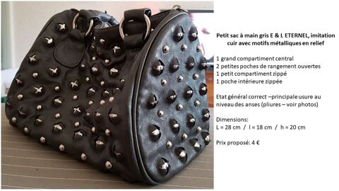 Petit sac  main gris imitation cuir avec motifs mtalliques 4 Enghien-les-Bains (95)