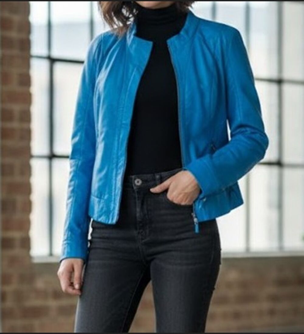 Veste femme bleu en cuir d'agneau Vêtements