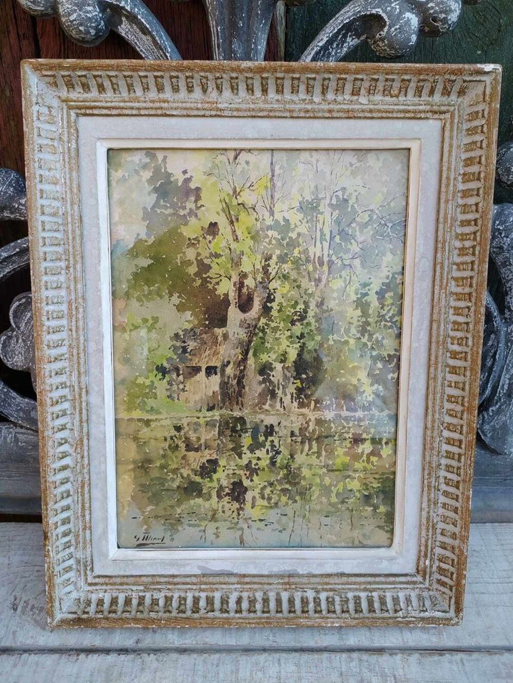 Tableau Aquarelle Paysage Bord de S&egrave;vres Sign&eacute; 