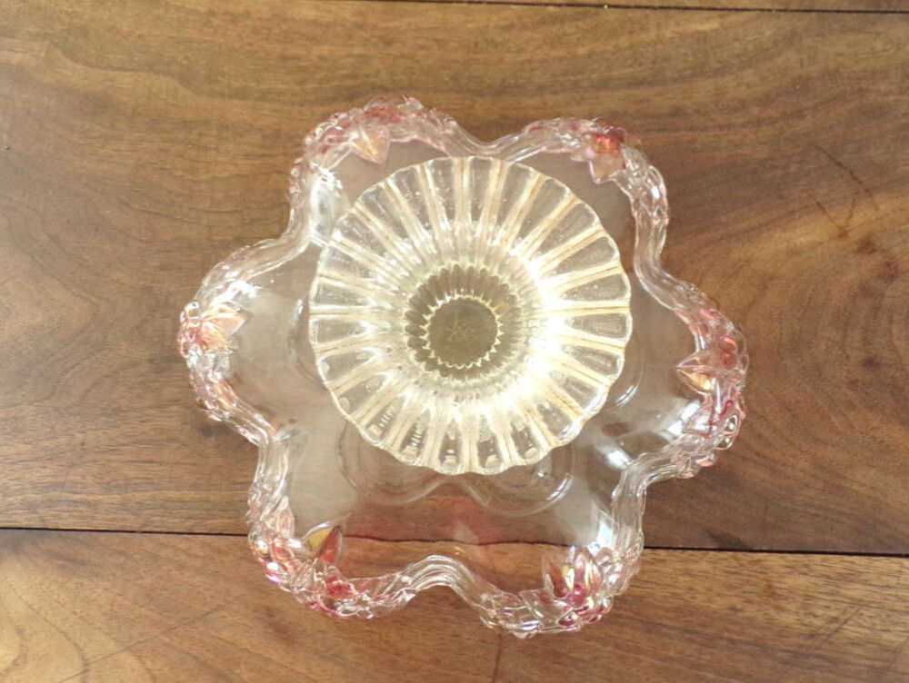 Compotier &agrave; pied en verre tr&egrave;s &eacute;pais motif &agrave; fleur rose p&acirc;le Cuisine