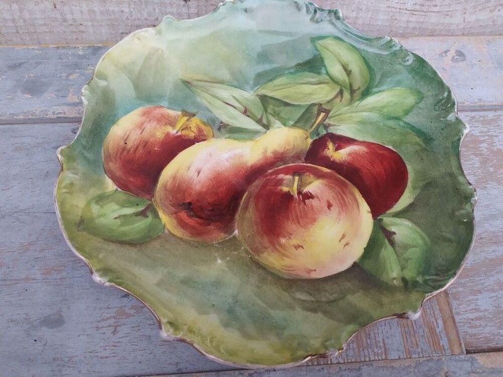 Ancienne Assiette Porcelaine D&eacute;cor Peint Fruits Pomme Poire 