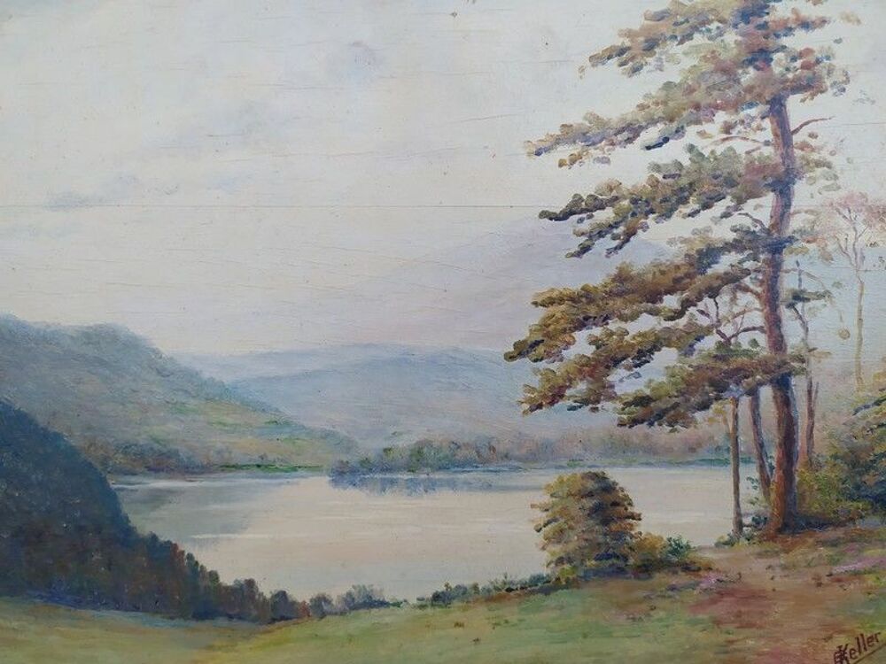Tableau Montagne Paysage Lacustre Sign&eacute; E. Keller 
