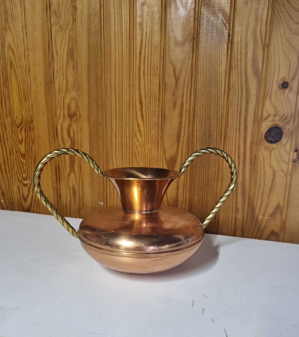 vase ou cruche en cuivre villedieu L.Lecelier et anses en laiton vintage d&eacute;coration Décoration