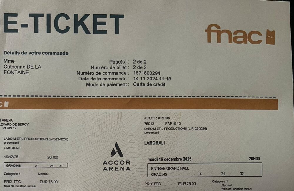 2 billets de concert M/LAMOMALI &agrave; l'ACCOR ARENA Paris Billetterie
