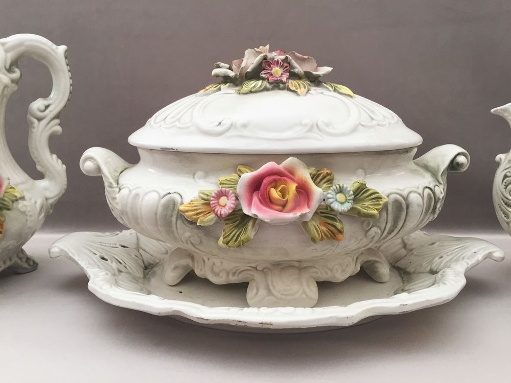 VINTAGE ART DE LA TABLE SOUPI&Egrave;RE CRUCHE TH&Eacute;I&Egrave;RE FA&Iuml;ENCE Itl Dcoration