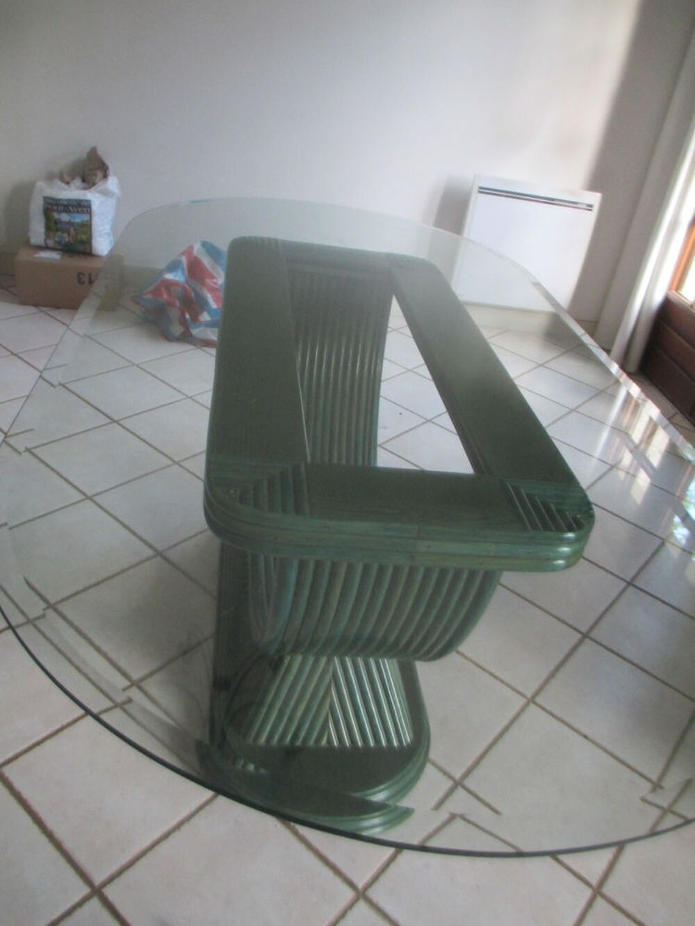 Buffet en osier et bambou laquage vert bleut&eacute; Meubles