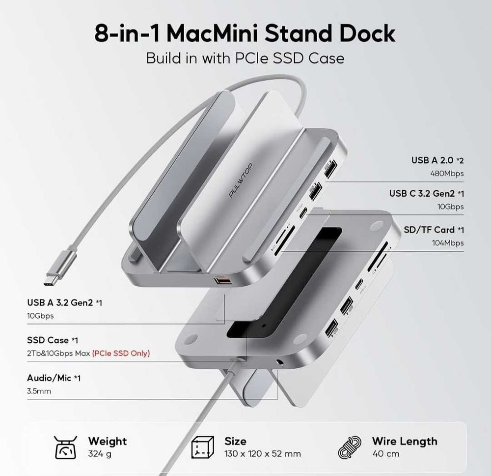 Hub avec bo&icirc;tier M.2 SSD NVMe 8 en 1 Station d'accueil Verticale avec USB A/C 10 Gbit/s, Mac Mini Dock avec SD/TF, M.2 SSD pour Mac Mini M2/M1 Matériel informatique