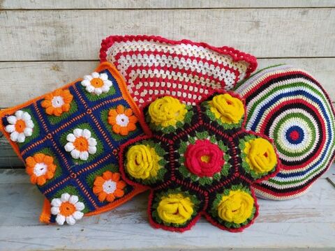 Coussins Laine Tricot Crochet Vintage Annes 70 25 Loches (37)
