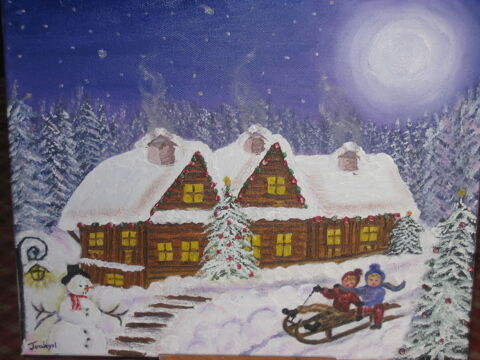 PEINTURE A L'HUILE sur toile  Noêl au chalet 90 Le Sauze-du-Lac (05)