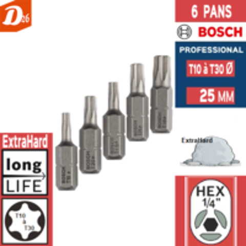   5 embouts de vissage 6 Pans T10 T15 T20 T25 T30 EXTRA DURE 