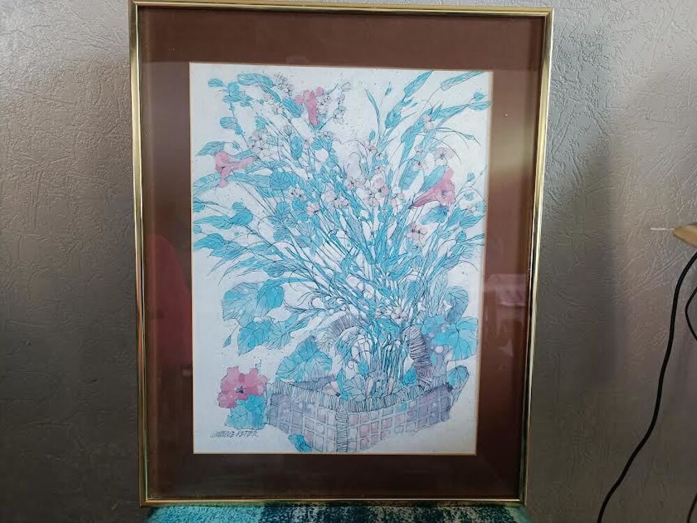 LITHO NATURE MORTE CORBEILLE ET FLEURS BLEUS Décoration