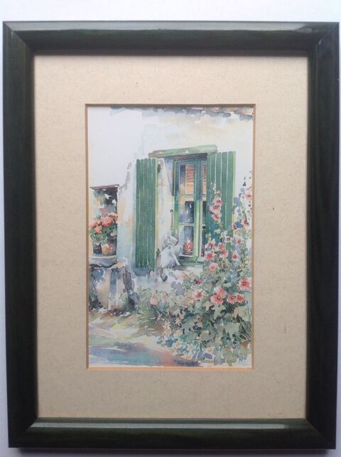 REPRODUCTION AQUARELLE CHAT BLANC BOiS VERT LAQU� Envoi Poss 8 Tr�gunc (29)