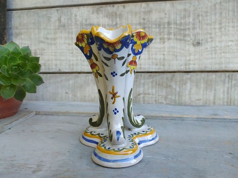Ancien Vase Bouqueti&egrave;re Fa&iuml;ence H.D Tours Corne d'Abondance Décoration