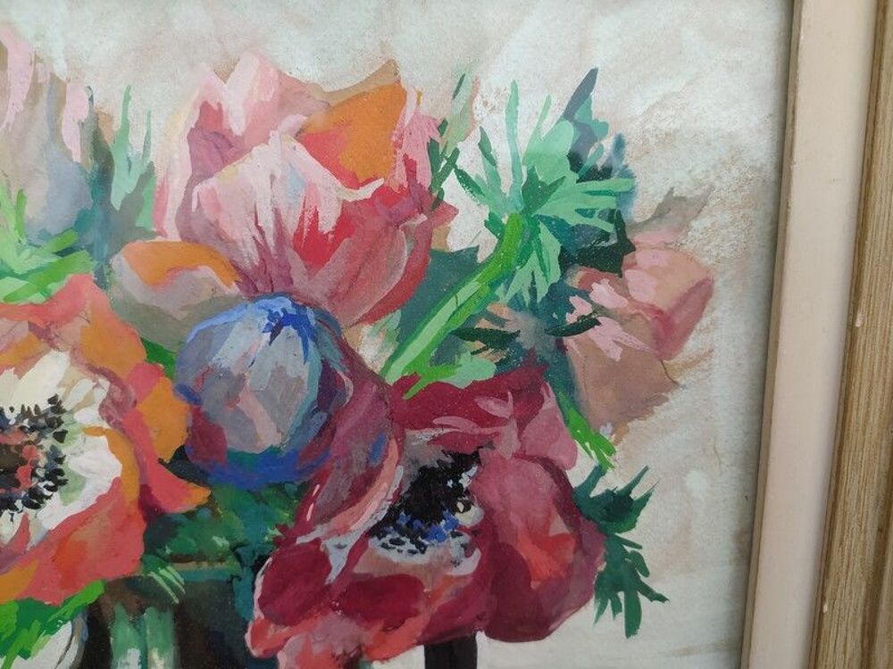 Tableau Nature Morte aux Coquelicots Gouache sign&eacute; M.Lacombe Décoration