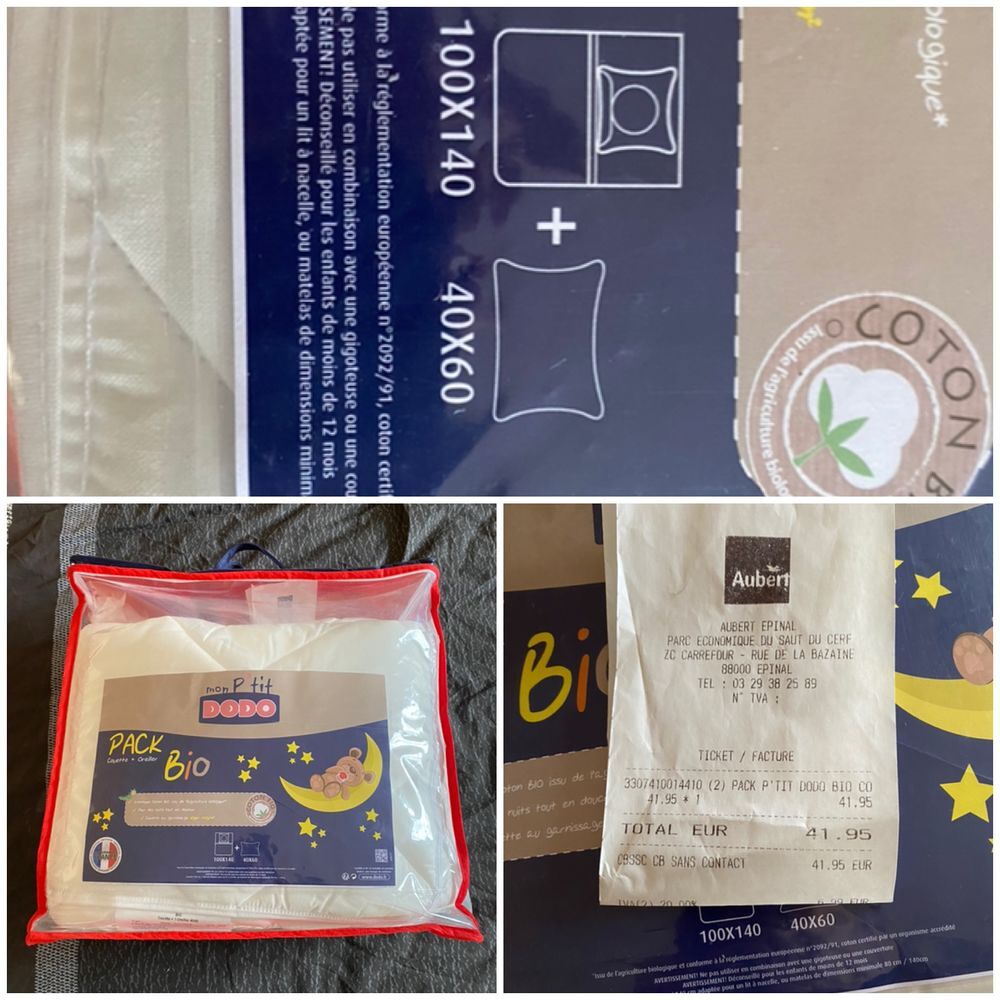 Couette + oreiller neufs en coton bio Puériculture