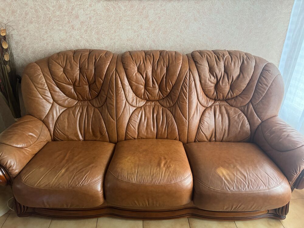 Ensemble Salon Cuir Marron - Canap&eacute;, Fauteuil &amp; Pouf Meubles
