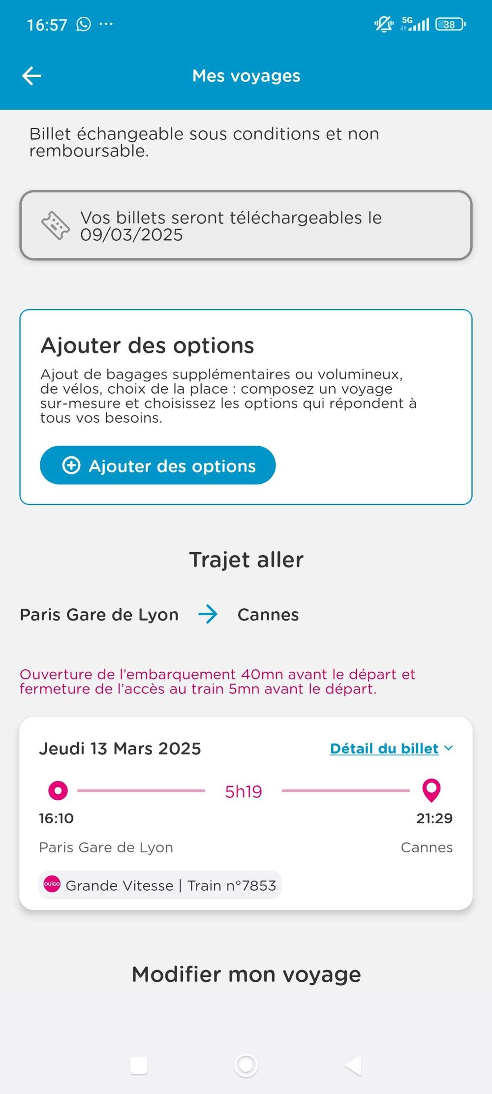 billet tgv Paris/Cannes jeudi 15 mars 2025 Billetterie
