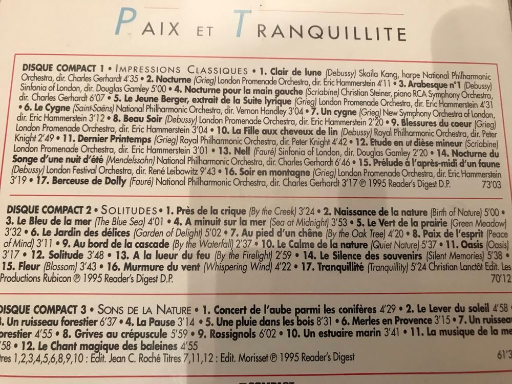 cd Paix et Tranquilit&eacute; S&eacute;lection du Raeder Digest CD et vinyles