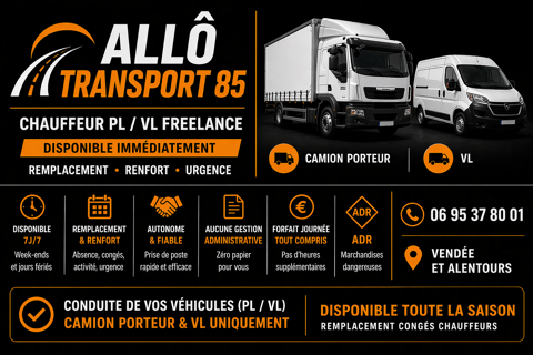 Chauffeur poids lourd / VL freelance disponible imm&eacute;diatemen  85110 Chantonnay
