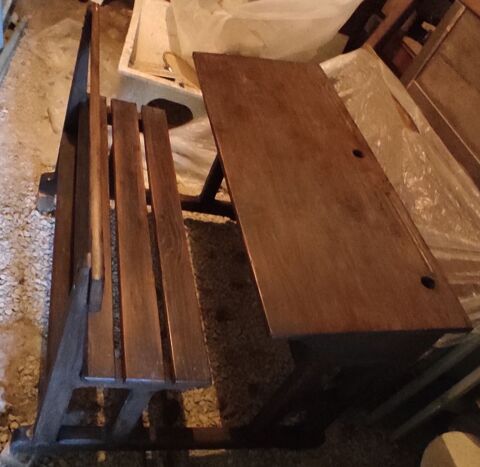 Ancien pupitre bureau d'écolier double en bois massif 70 La Loubière (12)