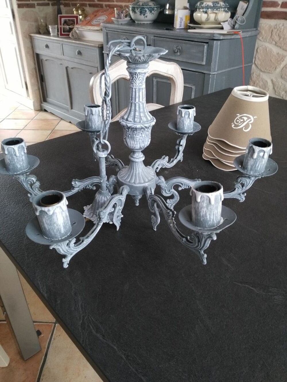 Lustre laiton 6 branches patin&eacute; gris Gustavien Décoration