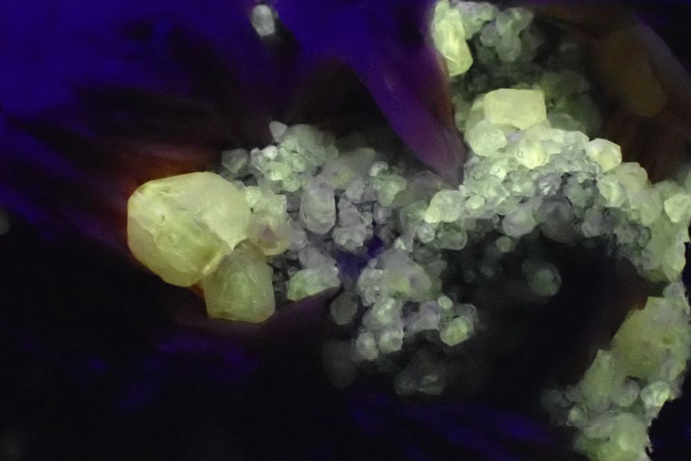Cristaux de C&eacute;rusite &amp; Baryte cr&ecirc;t&eacute;e &amp; Gal&egrave;ne (fluorescence 