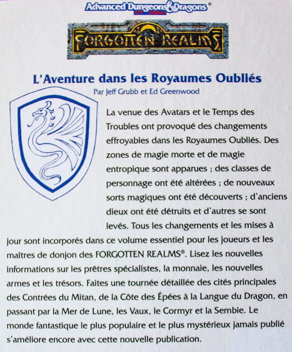 ADD 2i&egrave;me Edition L'Aventure dans les Royaumes Oubli&eacute;s 1994 Consoles et jeux vidos